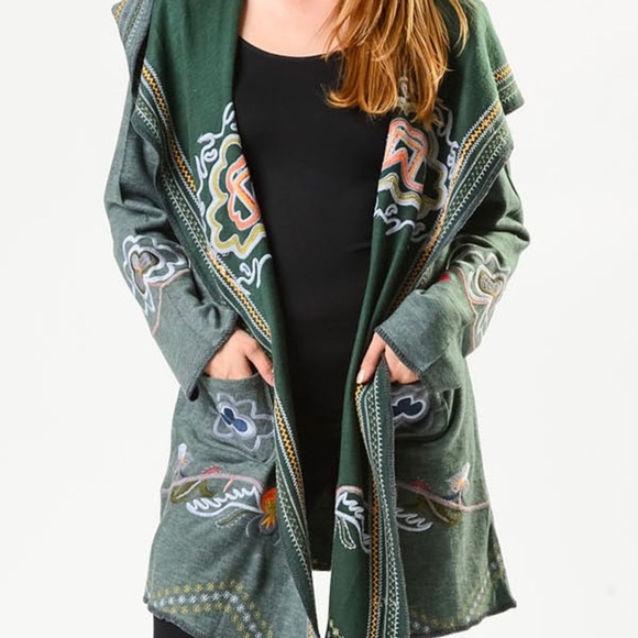 Ladies Open, shawl Collar, Embroidered, Hooded Cardigan - Picture 1 of 10